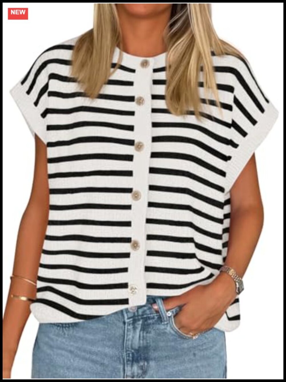 Striped Cap Sleeve Sweater Vest Button Down Cardigan
